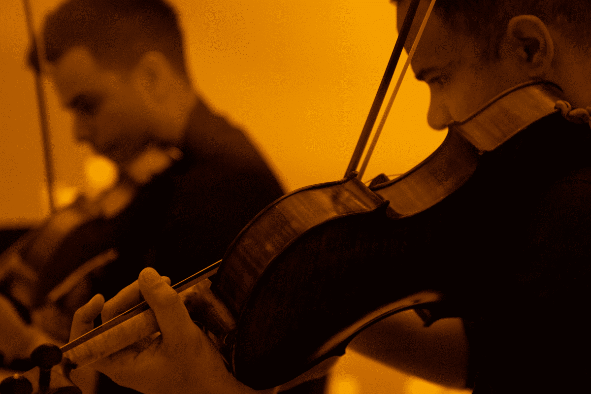 Two men playing the violin at a Candlelight concert.