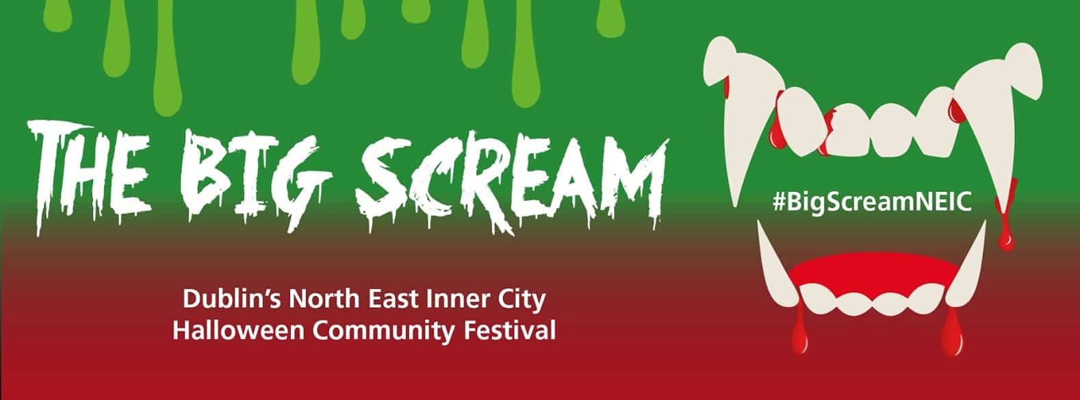 A green and red poster featuring vampire fangs for The Big Scream in Dublin.