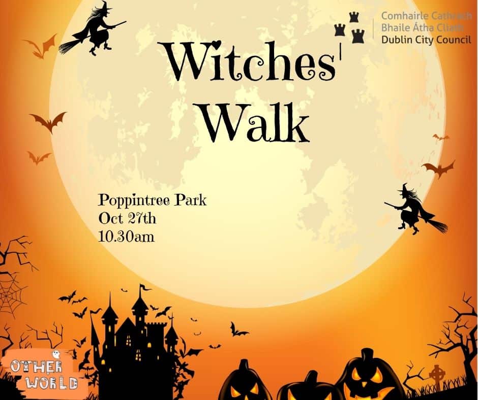 An orange poster advertising the Witches Walk in Dublin. 