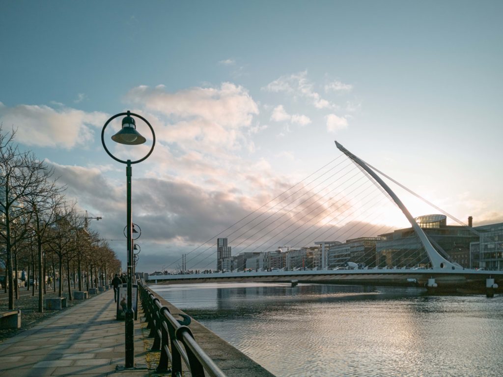 A wide shot of the River Liffey in Dublin.