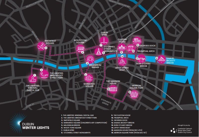 A map detailing the locations of Dublin's Winter Lights.