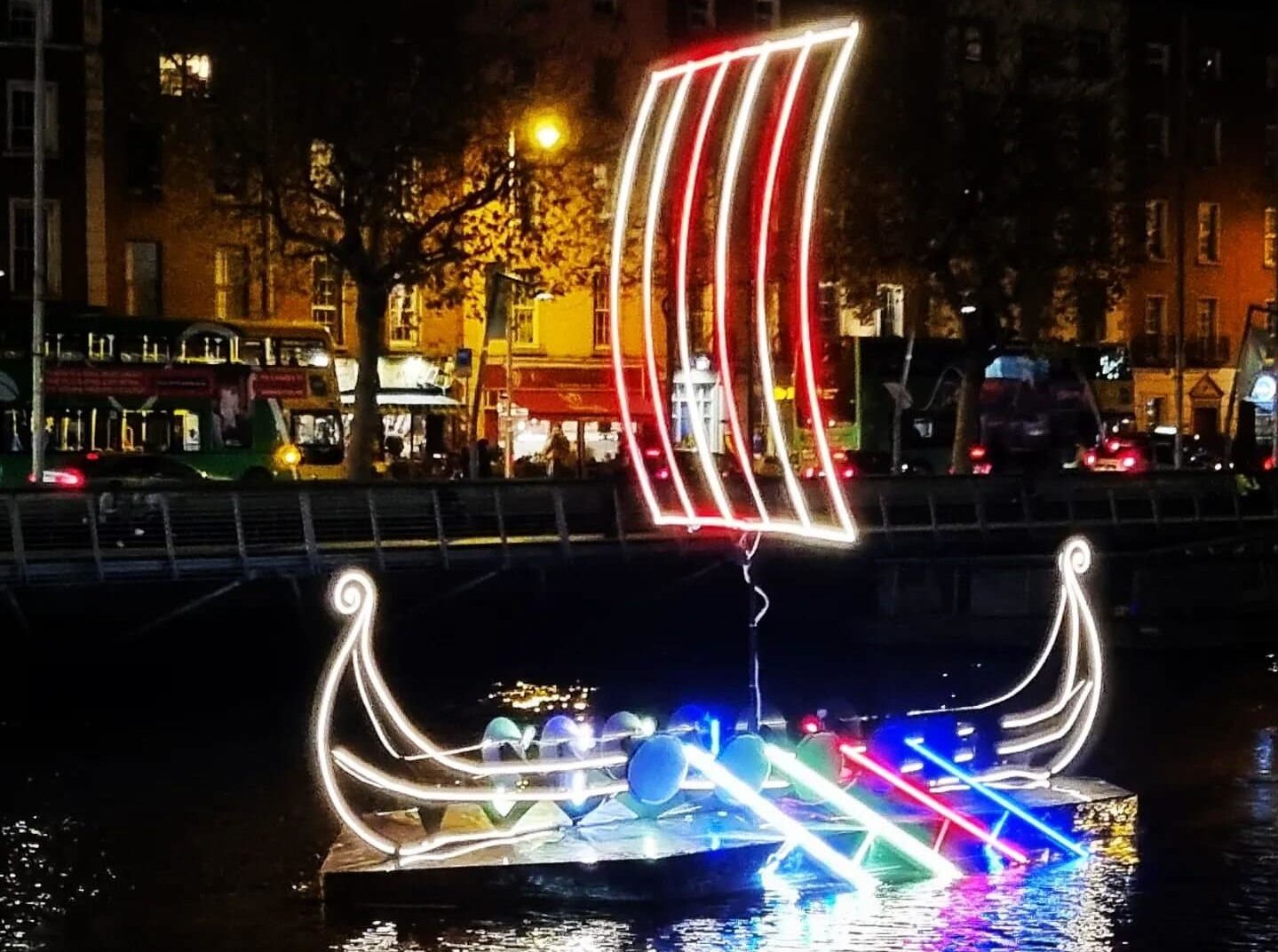 An illuminated Viking boat on the River Liffey at Dublin's Winter Lights.