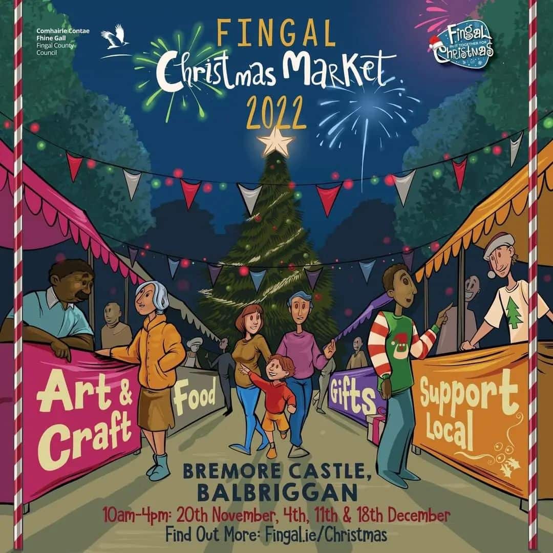 A poster for Fingal Christmas market depicting stalls and visitors with a Christmas tree.