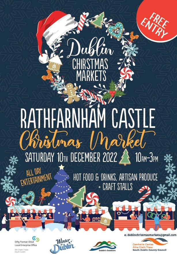 A blue, festive poster for the Rathfarnham Castle Christmas market.