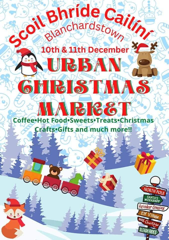 A poster for a Christmas market in Blanchardstown, Dublin, featuring gifts, a train, a reindeer and a penguin.