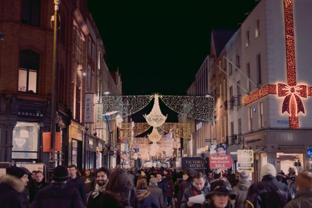 Grafton Street in Dublin city centre, illuminated with Christmas lights.
