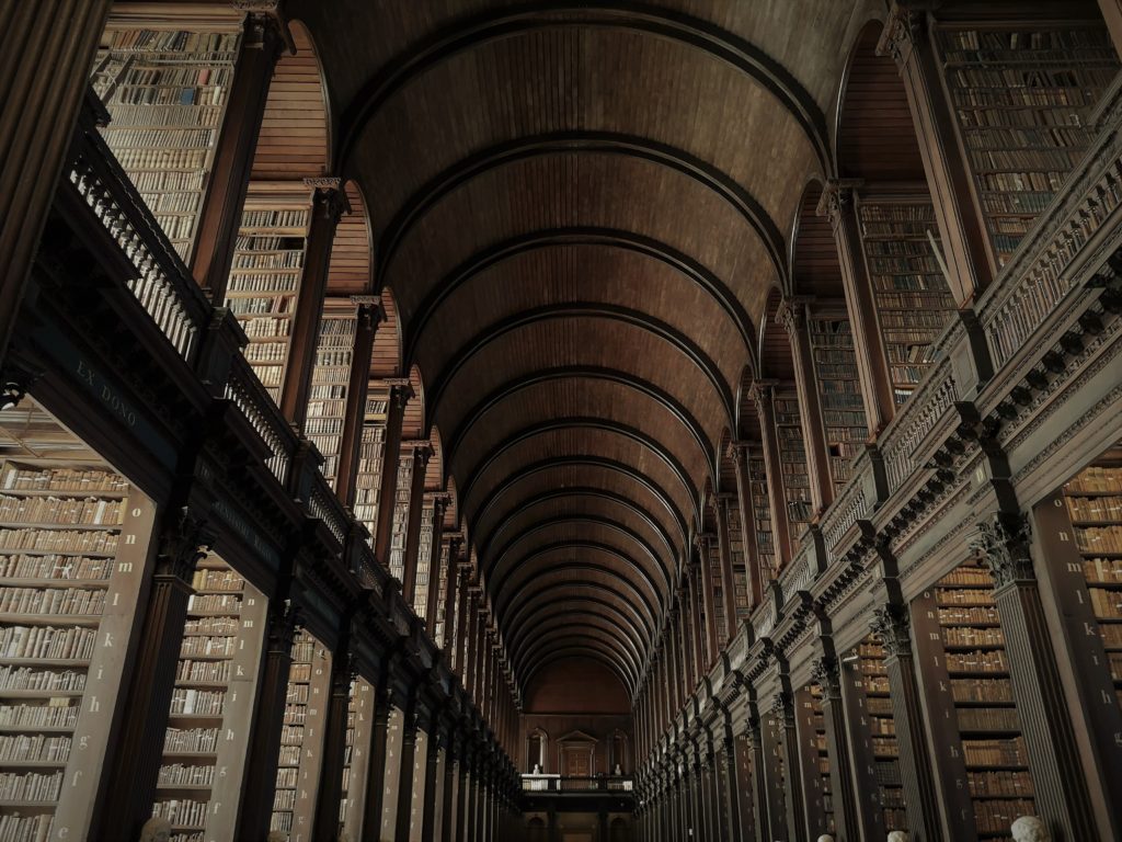 Bookshelves at the Old Library in the Long Room at Trinity College Dublin.