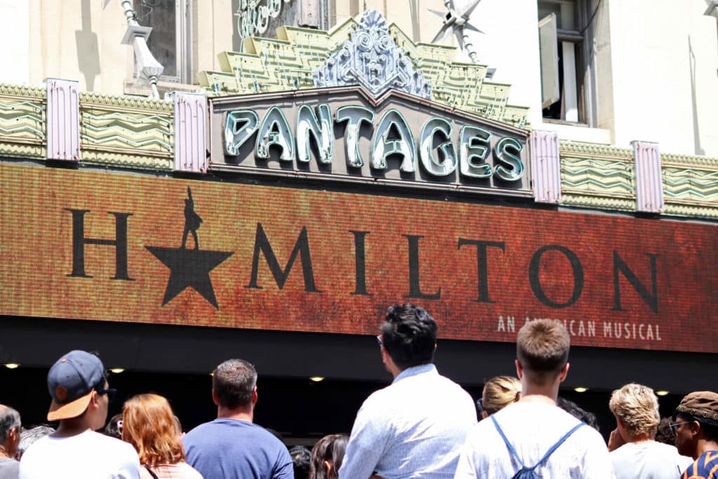 Crowds wait to see 'Hamilton' outside The Pantages Theatre on the opening night in Hollywood.