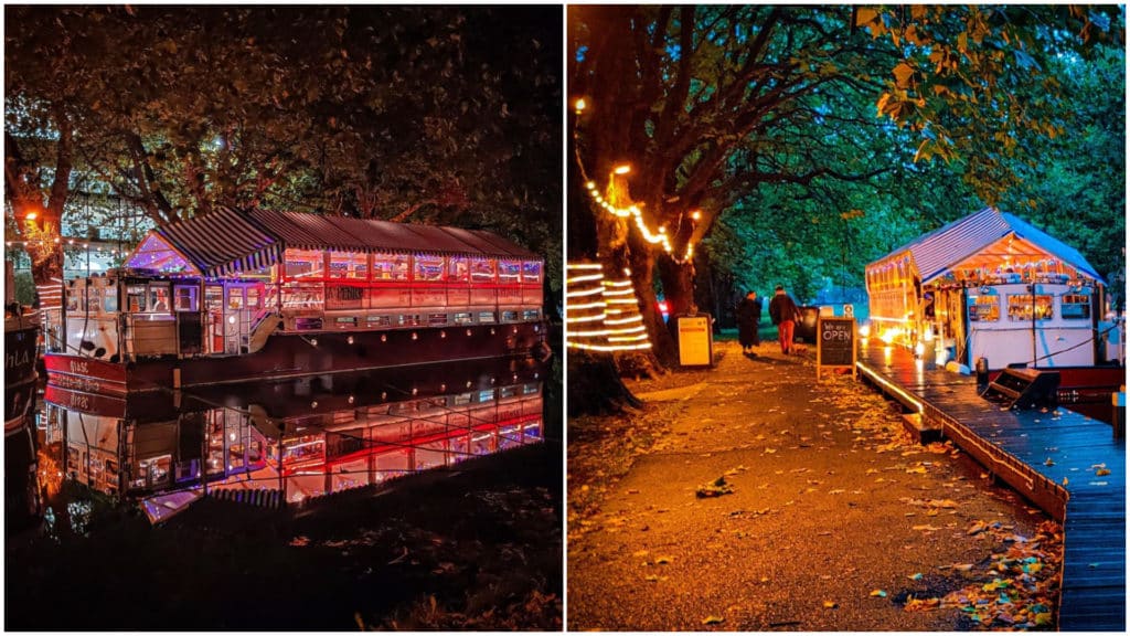 Two photographs of La Peniche restaurant: a barge surrounded by fairy lights.