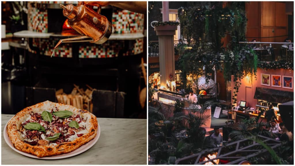 A pizza next to a photo of the leafy Little Pyg restaurant.