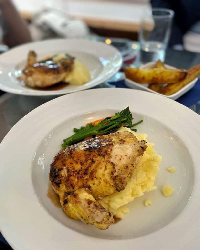 A plate of chicken supreme onboard La Peniche restaurant.
