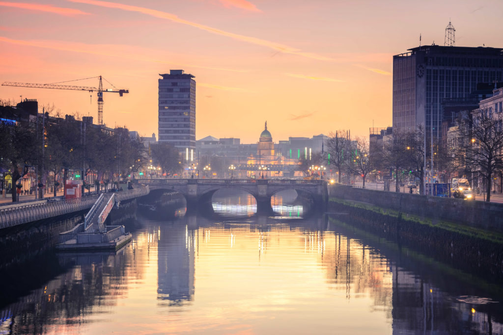 A view of the river Liffey on a hazy summer morning in Dublin.
